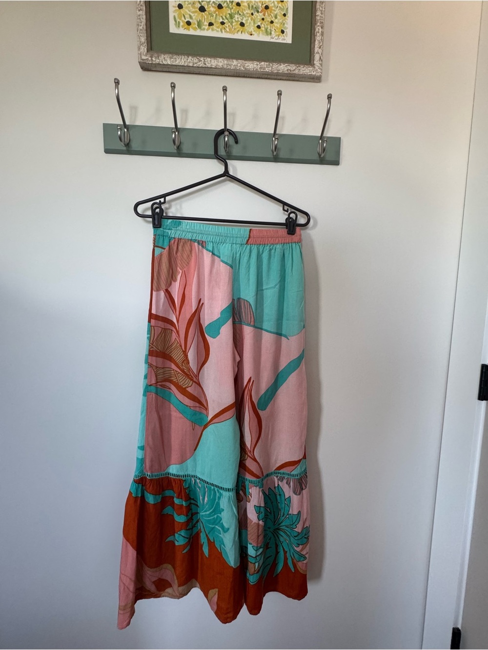 True Destination Wide-Leg Bohemian Printed Pant in Teal, Pink & Rust - Picture 2 of 3